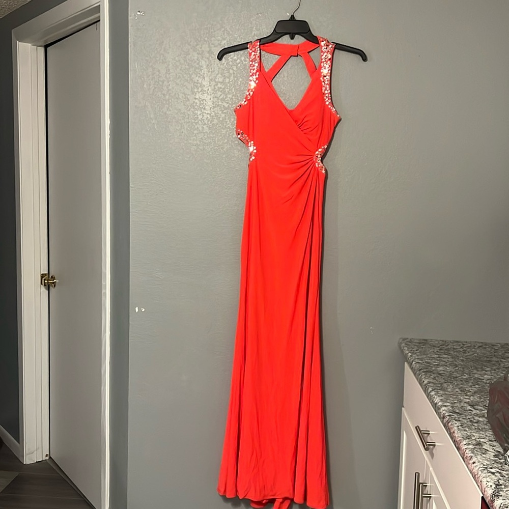 Coral prom dress with silver sequence